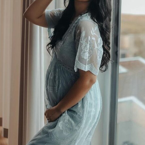 PINKBLUSH Light Blue Maternity Lace Mesh Overlay Maxi Dress - Picture 5 of 11